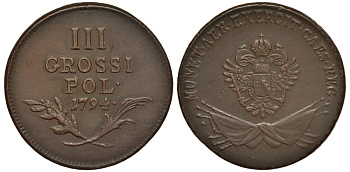 Австрия, Галиция и Лодомерия 3 гроша 1794 Станислав II Август Понятовский (1764-1795), вес 11,24 гр. KM 5, Gum. 2442, Jaeckel 149, Parch. 1155 медь 00-818-87