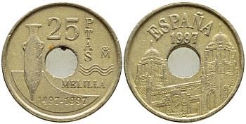 Испания 25 песет 1997 Мелилья (Melilla), Хуан Карлос I (1975-2014) KM 983 латунь 4397-613