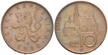 Чехия 10 крон 1996 чешский лев, кафедральный собор Брно KM 4 сталь плакированная медью 190-835