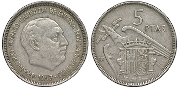 Испания 5 песета 1957 (65) Франсиско Франко (1939-1975) KM 786 медно-никель 4176-133