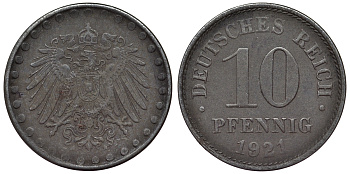 Германия 10 пфеннигов 1921 A KM 20, J. 298 железо 4119-223