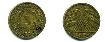 ГЕРМАНИЯ 5 РЕЙХСПФЕННИГОВ 1925 J, KM 39, J. 316 алюминиевая бронза 35-126