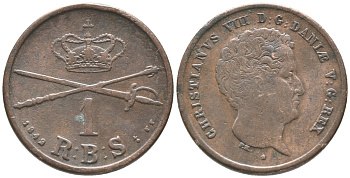 ДАНИЯ 1 РИГСБАНКСКИЛЛИНГ 1842 FF, КРИСТИАН VIII (1839-1848) KM 726.1 (С120.1) медь 34-536