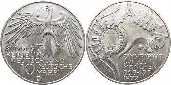 ФРГ 10 МАРОК 1972 D, ОЛИМПИАДА, СТАДИОН KM 133, J.404 серебро 109-724
