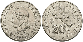Французская Новая Каледония 20 франков 1990 три быка, (IEOM) KM 12, Schoen 14, Lec 113 никель 75-324