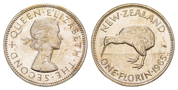 Новая Зеландия 1 флорин 1965 Елизавета II (1952-2022), птичка киви KM 28.2 медно-никель PROOF 650-832