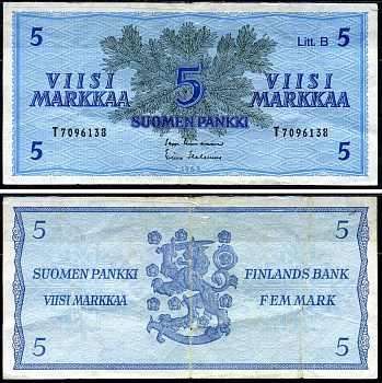 Финляндия 5 марок 1963 Pick 106Aa(50) бумага 00-00-00