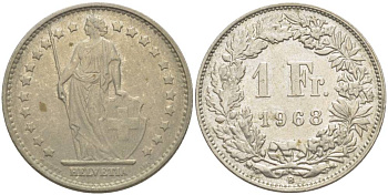 ШВЕЙЦАРИЯ 1 ФРАНК 1968 В KM 24а.1 медно-никель 4544-421