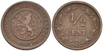 Нидерланды 1/2 цента 1885 Виллем III (1849-1890) КМ 109 бронза    4174-531