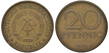 ГДР 20 пфеннигов 1969 А, первый год KM 11 латунь 62-1222