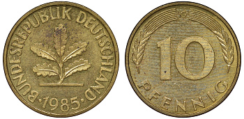 ФРГ 10 пфеннигов 1985 G KM 108, J. 383 сталь плакированная латунью 62-1053