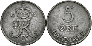 Дания 5 эре 1953 C;S, Фредерик IX (1947-1972) KM 843.2 цинк 4137-611