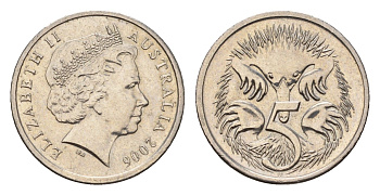 Австралия 5 центов 2006 ехидна, Елизавета II (1952-2022) KM 401 медно-никель 201-662