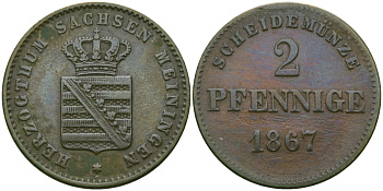 Саксен-Мейнинген 2 пфеннига 1867 Георг II (1866-1914) KM 174 медь 99-653