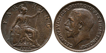 Великобритания 1 фартинг 1918 Георг V (1910-1936) KM 808.2, Spink 4060 бронза aUNC 117-641
