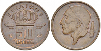 БЕЛЬГИЯ 50 САНТИМОВ 1955 BELGIQUE KM 144 бронза 3996-1229