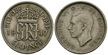 Великобритания 6 пенсов 1947 Георг VI (1936-1952) KM 862, Spink 4105 медно-никель 4174-221