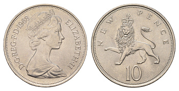 Великобритания 10 новых пенсов 1968 Елизавета II (1952-2022) KM 912, Spink 4231 (F1) медно-никель UNC 4675-644