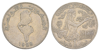 Тунис 1 динар 1988 KM 319 медно-никель 4402-334