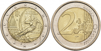 Италия 2 евро 2006 XX зимние Олимпийские игры в Турине 2006 года, лыжник KM 246 биметалл UNC M12-01