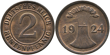 ГЕРМАНИЯ 2 РЕНТПФЕННИГА 1924 D J 307, KM 31 бронза UNC 66-718