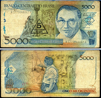 Бразилия 5 новых крузадо 1989 Центральный банк Бразилии Pick 217 a бумага 7148-34-3-2