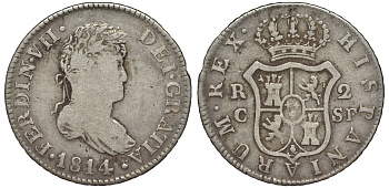 Испания 2 реала 1814 SF, ФЕРДИНАНД VII KM 464 (C134.1) серебро 00-00