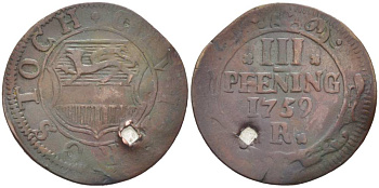 МЕКЛЕНБУРГ-РОСТОК 3 ПФЕННИНГА 1759 R, С ОТВЕРСТИЕМ Kunzel 316 A/a медь 4548-925