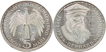 ФРГ 5 марок 1969 F, 375 лет со дня смерти Герарда Меркатора J. 400, KM 126.1 серебро aUNC 1529-231