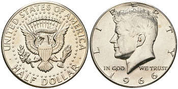 США 1/2 доллара (50 центов) 1966 Джон Кеннеди KM 202a серебро  UNC  4178-915