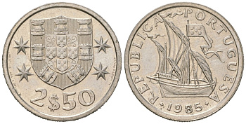 Португалия 2,5 эскудо 1985 парусник KM 590 медно-никель UNC 4618-452