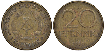 ГДР 20 пфеннигов 1969 А, первый год KM 11 латунь 62-1221