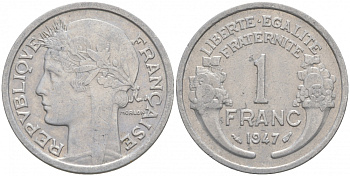 ФРАНЦИЯ 1 ФРАНК 1947 KM 885а.1 алюминий 186-323