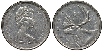 Канада 25 центов 1974 олень карибу, Елизавета II (1952-) KM 62b никель 4128-644