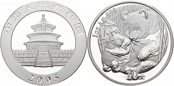Китай 10 юаней 2005 Панда с детенышем KM 1589 серебро UNC 02-035-44