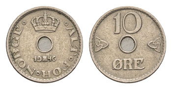 Норвегия 10 эре 1946 Хокон VII (1905-1957) KM 383 медно-никель 4632-1134