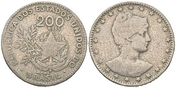 Бразилия 200 реалов 1901 MCMI, голова свободы вправо KM 504 медно-никель 4612-217