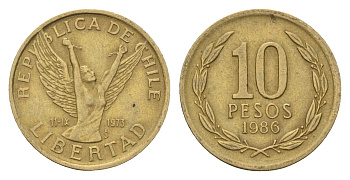 Чили 10 песо 1986 KM 218 латунь 4669-1119