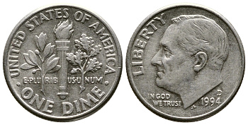 США 10 ЦЕНТОВ = 1 ДАЙМ 1994 D, РУЗВЕЛЬТ KM 195а медь плакированная медно-никелем 57-1254