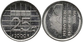 НИДЕРЛАНДЫ 25 ЦЕНТОВ 2000 БЕАТРИКС KM 204 никель 112-751