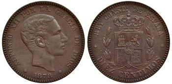 ИСПАНИЯ 10 СЕНТИМО 1878 ОМ, АЛЬФОНСО XII (1874-1885) KM 675 бронза 1521-242