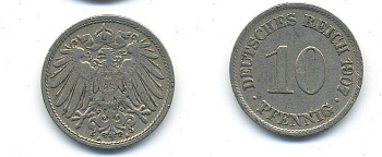 Германия 10 пфеннигов 1907 A KM 12, J. 13 медно-никель 58-255