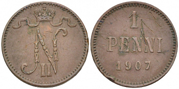 РОССИЯ ДЛЯ ФИНЛЯНДИИ 1 ПЕННИ 1907 НИКОЛАЙ II KM 13, Биткин 468 медь 4396-1324