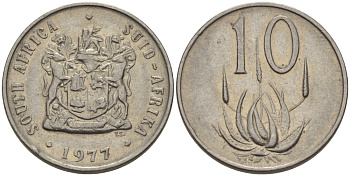 ЮАР 10 ЦЕНТОВ 1977 ГЕРБ, ЦВЕТОК АЛОЭ KM 85 никель 67-417