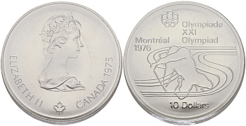Канада 10 долларов 1975 XXI летние Олимпийские игры в Монреале 1976 года, гребля на каяке KM 105 серебро UNC 11-181-22