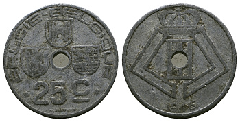 БЕЛЬГИЯ 25 САНТИМОВ 1946 BELGIE-BELGIQUE, ГЕРМАНСКАЯ ОККУПАЦИЯ, ВТОРАЯ МИРОВАЯ ВОЙНА KM 132 цинк 4384-112