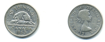 КАНАДА 5 ЦЕНТОВ 1963 ЕЛИЗАВЕТА II, БОБЕР KM 57 никель 93-1052