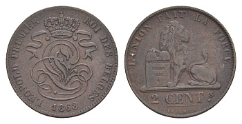 Бельгия 2 сантим 1863 Леопольд I (1831-1865) KM 4 медь 4615-627