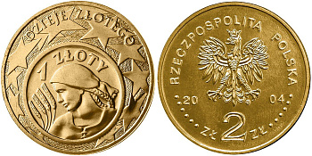 Польша 2 злотых 2004 MW, история злотого, монета на монете KM 479 нордик UNC 4448-526