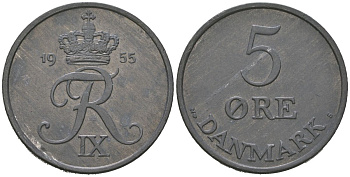 Дания 5 эре 1955 N; S, Фредерик IX (1947-1972) KM 843.1 цинк aUNC 4536-343